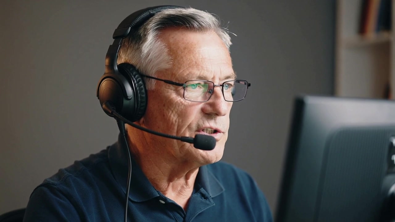 Responding to incoming call, senior in navy polo listening and speaking into headset at home office