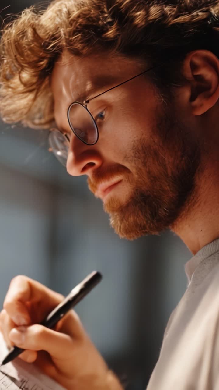Scrittore concentrato, immerso nei suoi pensieri, che appunta idee su carta con una penna, catturando l'ispirazione creativa in un processo artistico ponderato