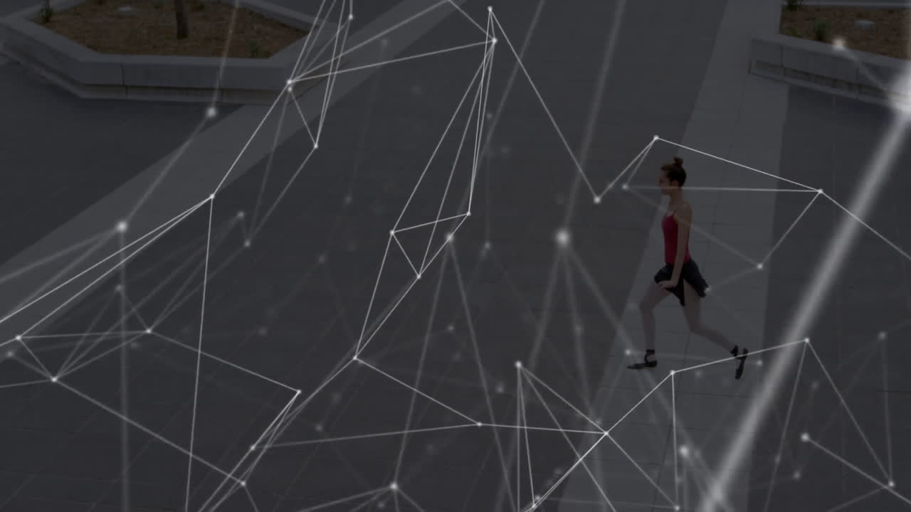 Fitness enthusiast woman walking across urban plaza, overlaying network lines and glowing nodes