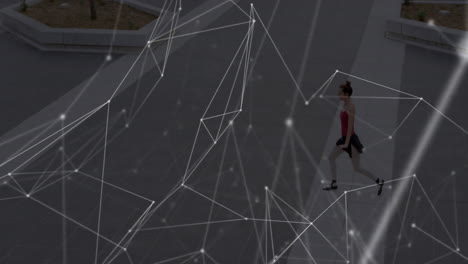 fitness enthusiast woman walking across urban plaza, overlaying network lines and glowing nodes