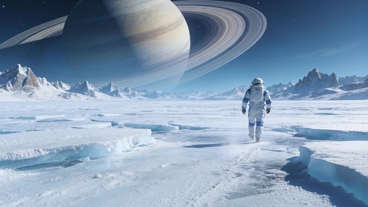 Telecamera che segue un astronauta con casco che cammina in tuta lasciando impronte sul ghiaccio verso le cime sotto un gigante anellato.