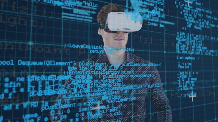 Animation of digital data processing over caucasian businessman wearing vr headset