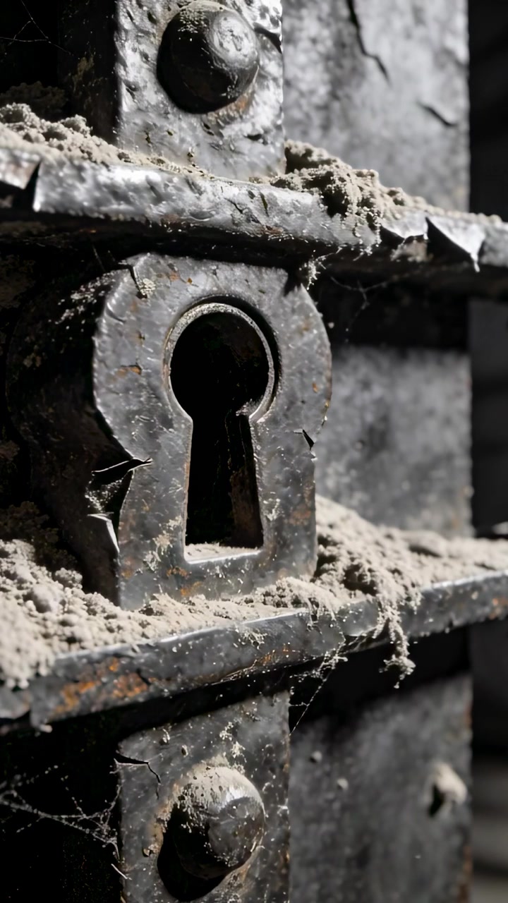 Vertical video: Shifting camera revealing corroded keyhole plate at dark gate to show rust, cobwebs