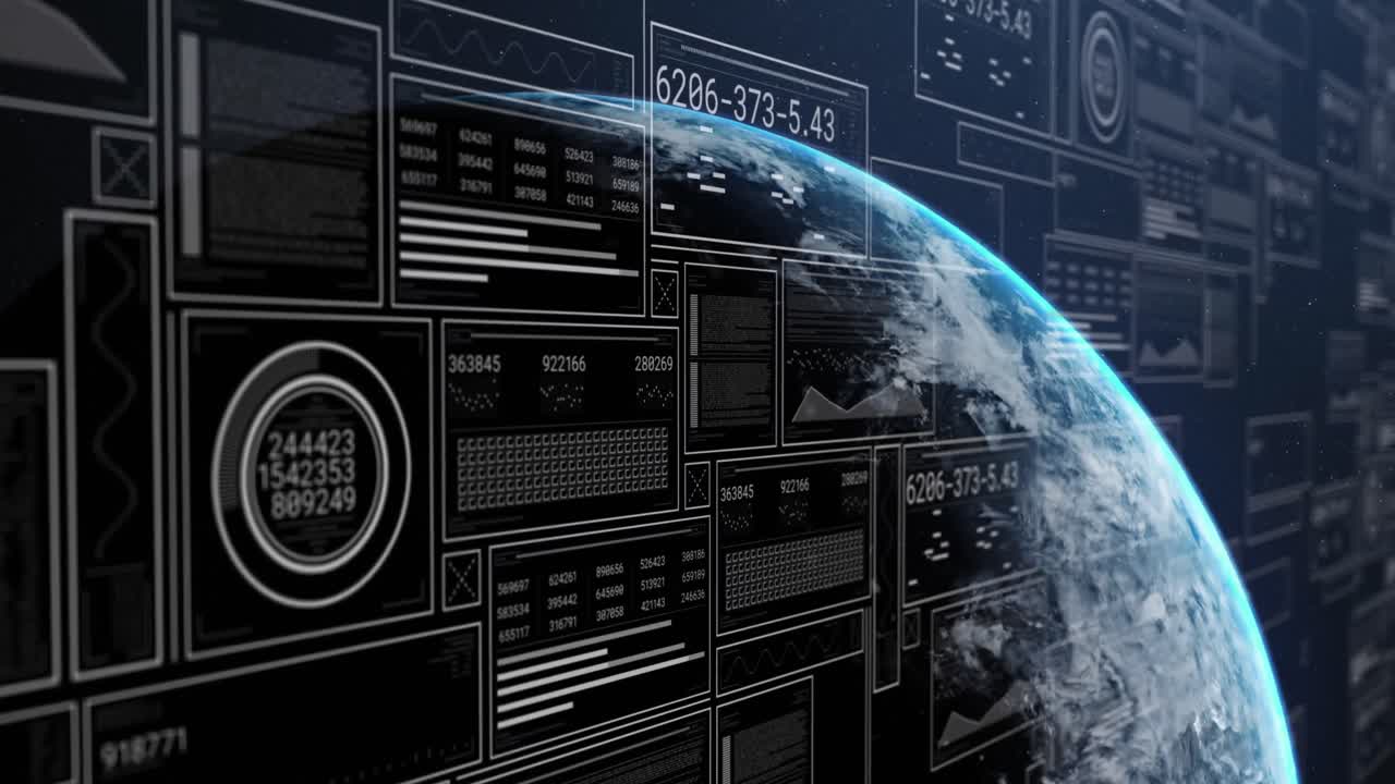 Animation of graphs, changing numbers loading bars, circles over globe against abstract background