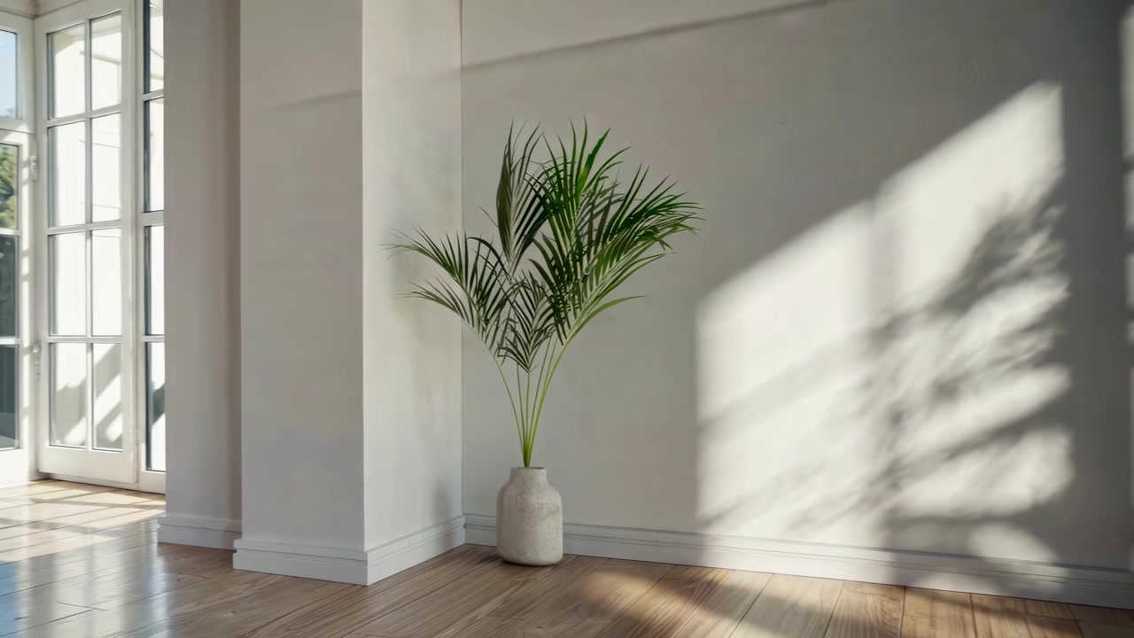 Stanza vuota minimalista con pianta in vaso e ombre di luce solare in movimento