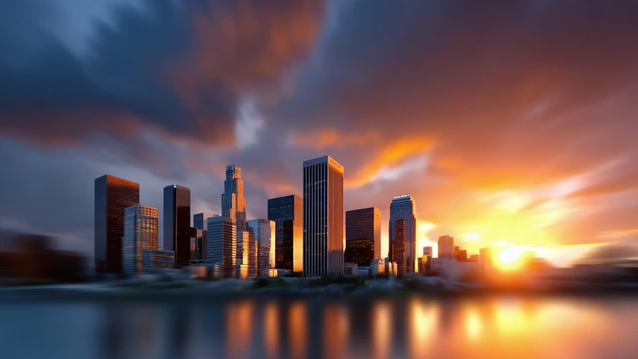 Stunning Skyline at Sunset: A Captivating View of City Buildings Reflecting Vibrant Colors Against the Twilight Sky Over Water