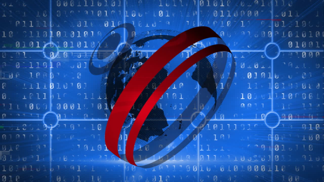 código binario y globo giratorio con círculos rojos, animación de datos digitales