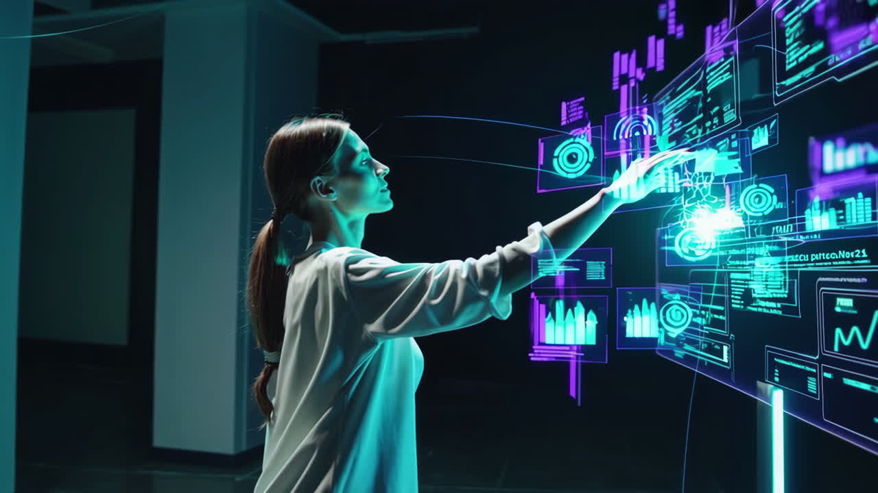 Woman Interacting with Futuristic Holographic Interface