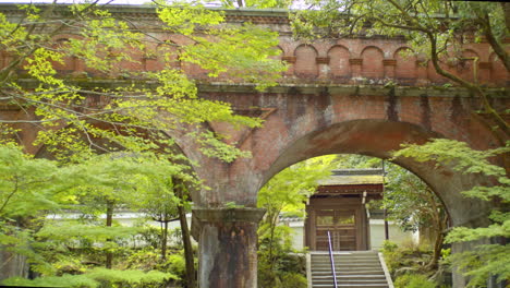 green momiji leaves and trees surrounding a brick bridge with a woode gate in the background in the background in kyoto, japan soft lighting