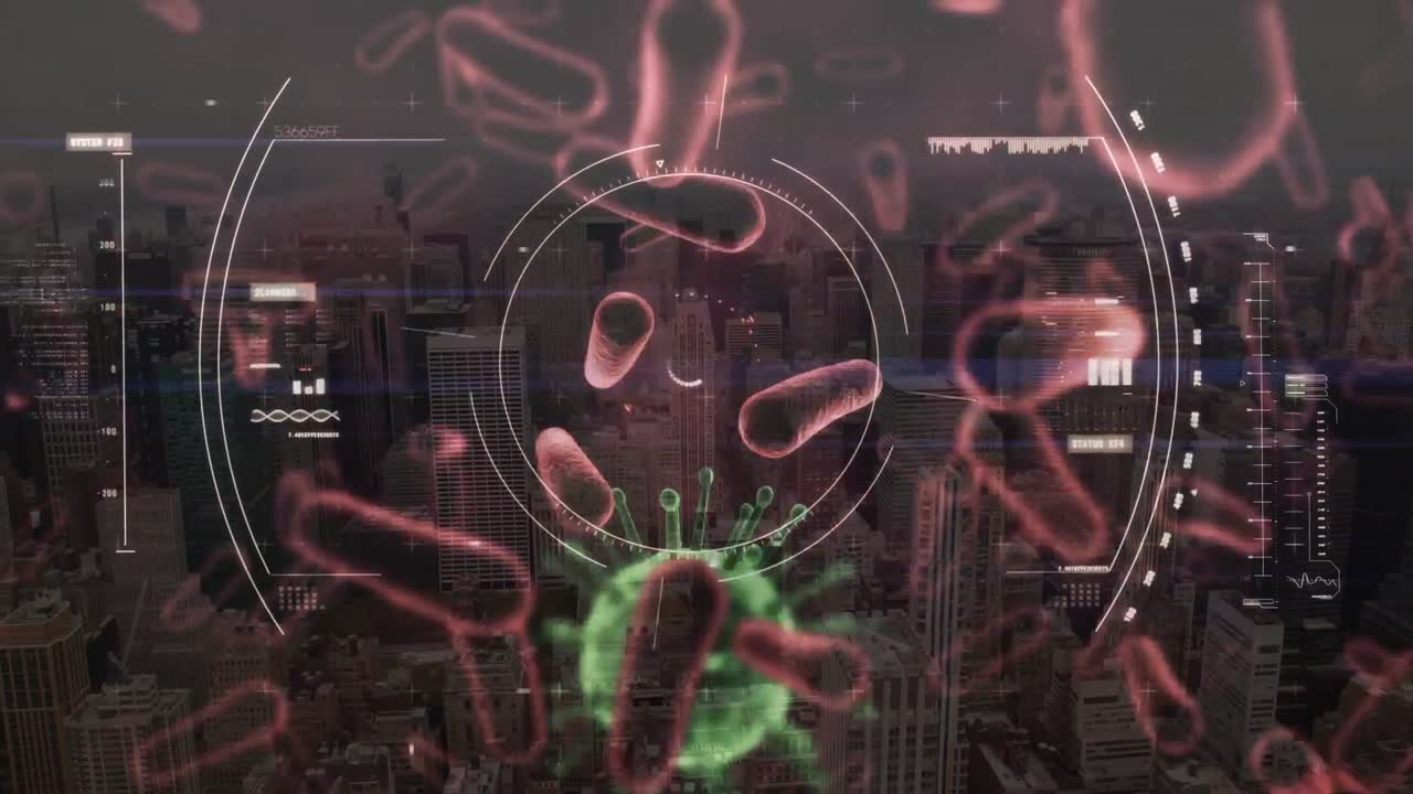 animación del virus de la corona verde con procesamiento de datos