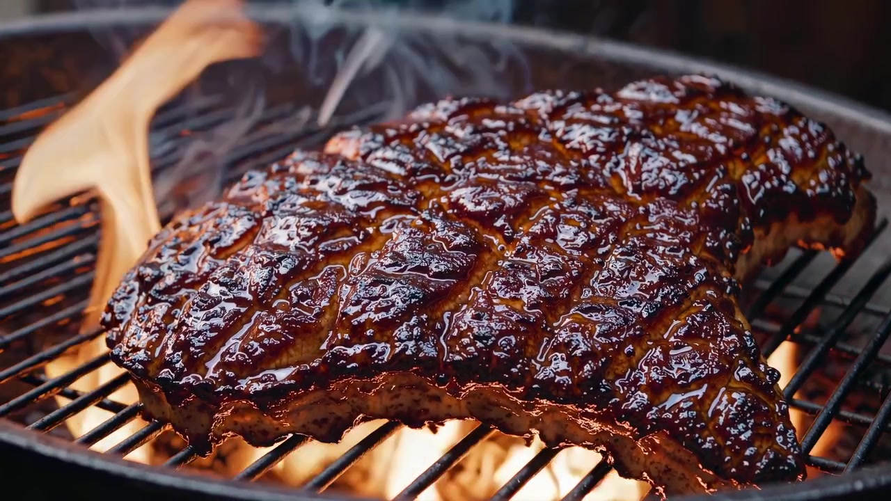 Costine glassate saporite che grigliano su un barbecue caldo con fumo