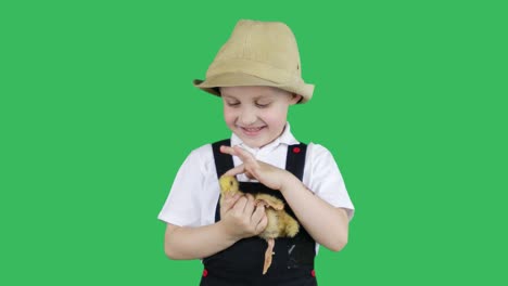 a little boy holds a small baby duck in his arms on a green background.