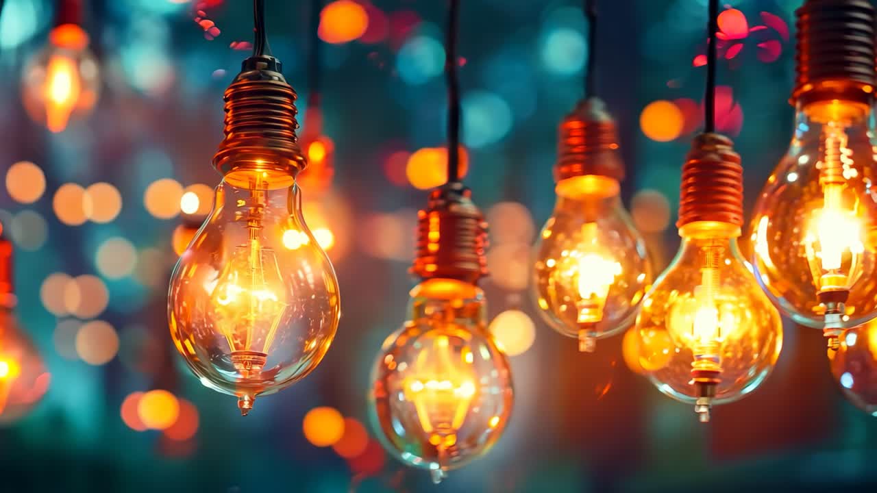 불빛의 줄에서 매달린 전구 한 어리