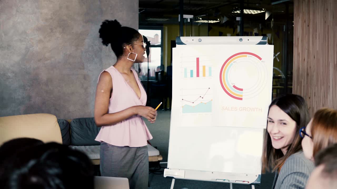 empleada afroamericana da un informe. personas de negocios de etnia mixta modernas que trabajan en la oficina del loft. 4k