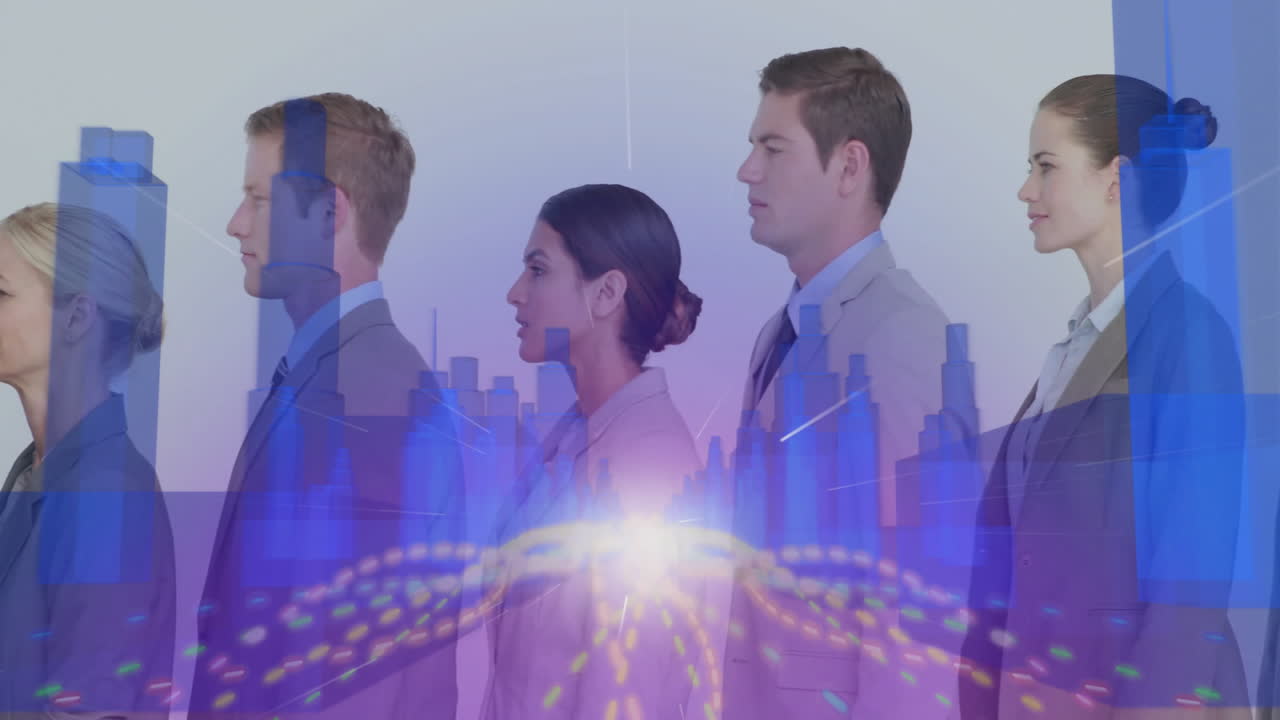 Standing with futuristic cityscape, business professionals observing digital pathways animation