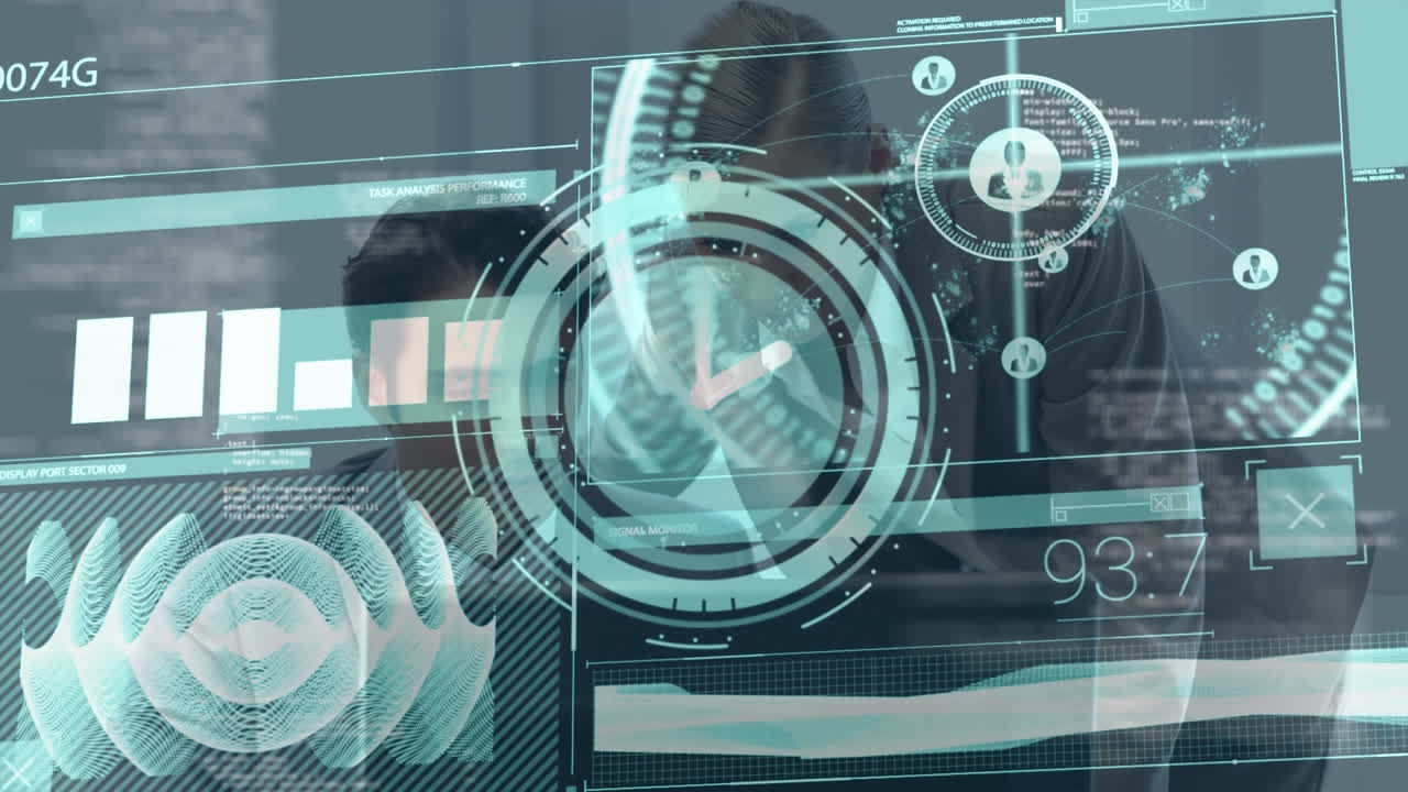 Animation of clock and data processing over business people