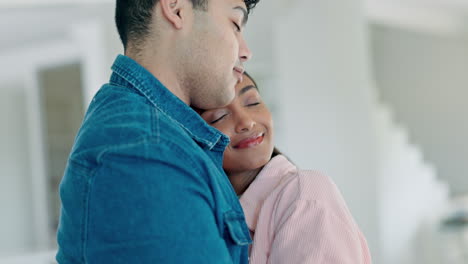 dance, romance and hug with couple in living room