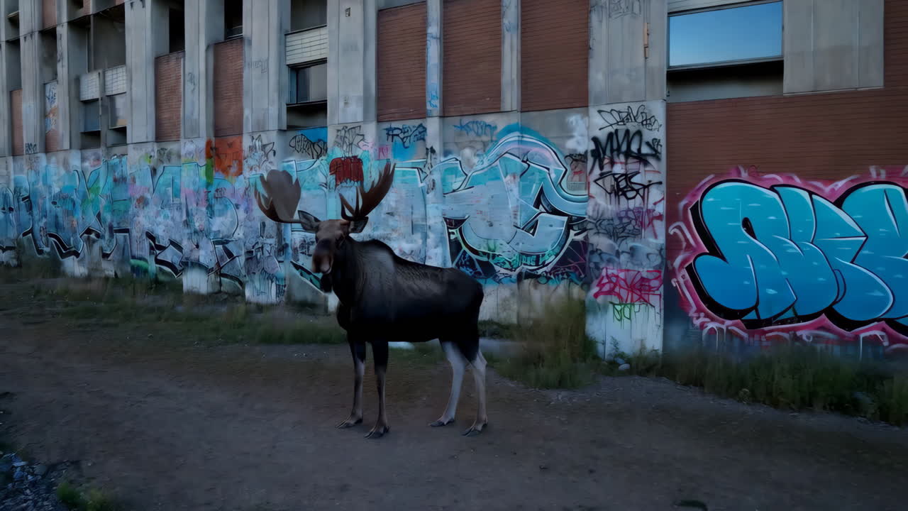 Moose in front of a graffitied wall