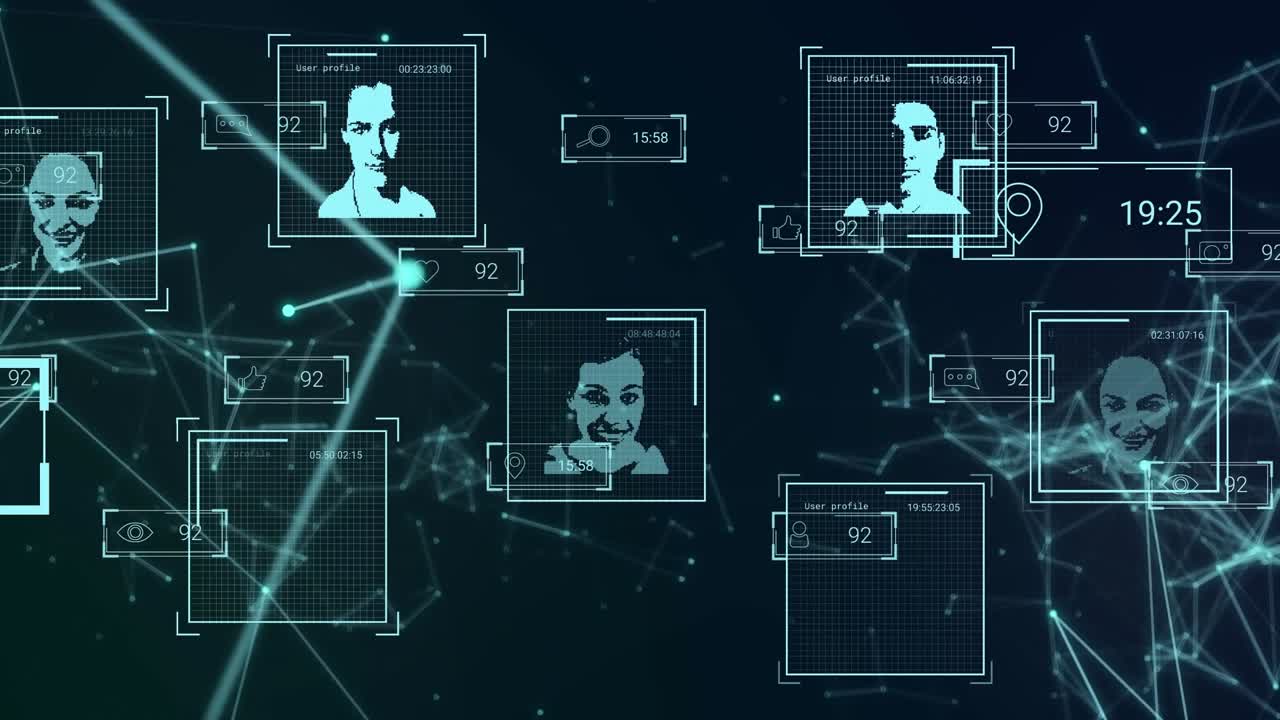 Animation of network of connections and data processing with diverse people on black background