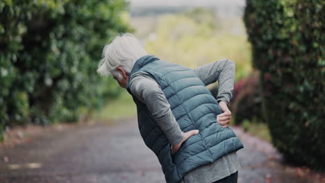 Old-woman,-back-pain-and-fitness-injury-outdoor