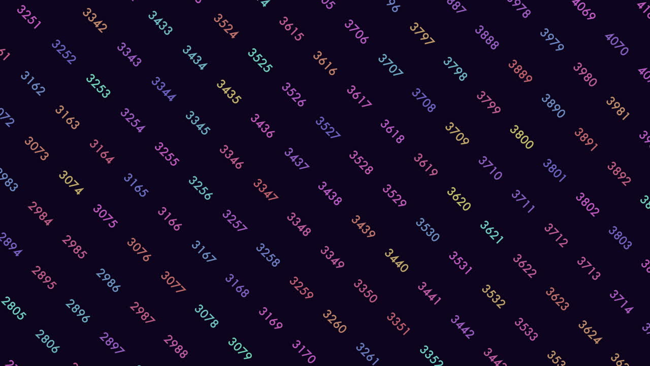Dynamic abstract footage of multicolored numbers arranged diagonally on a dark background, suggesting big data, analytics, coding, cybersecurity, and digital technology