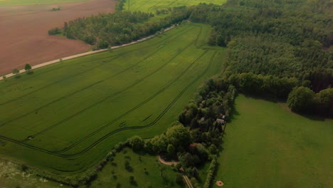 Aerial-view-of-cars-driving-on-a-road-betwenn-fields-and-forest-in-a-rural-area