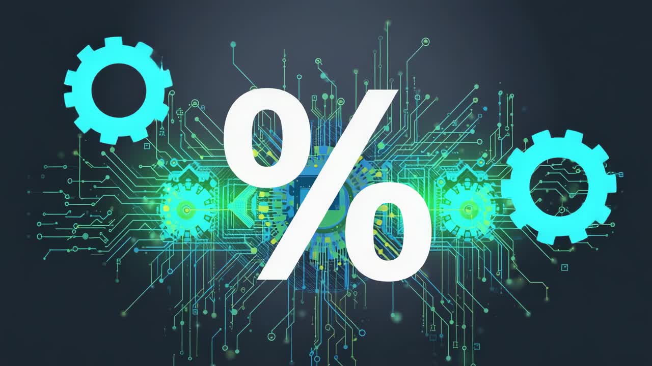 At third second percentage symbol powering with sliding blue gears pulsing lines on digital board