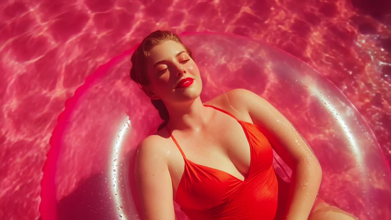 A serene moment captured in vibrant pink waters, showcasing relaxation and beauty as a figure enjoys a leisurely float in a luminous swimming pool, enveloped in warm sunlight