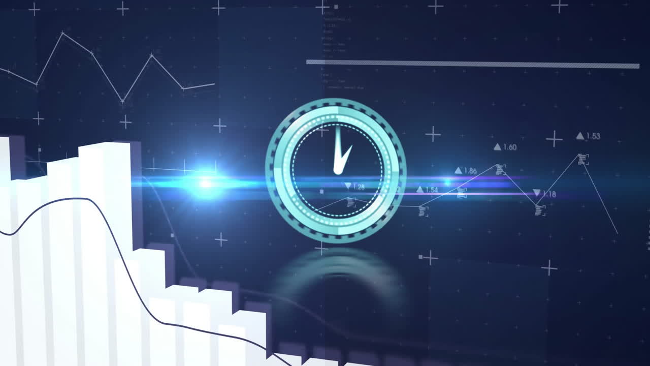 Animating digital clock over financial graphs and data visualization on screen