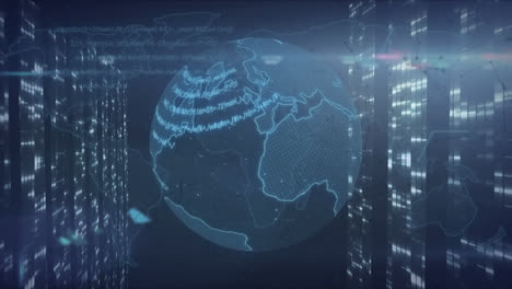 animation of globe and data processing over computer servers