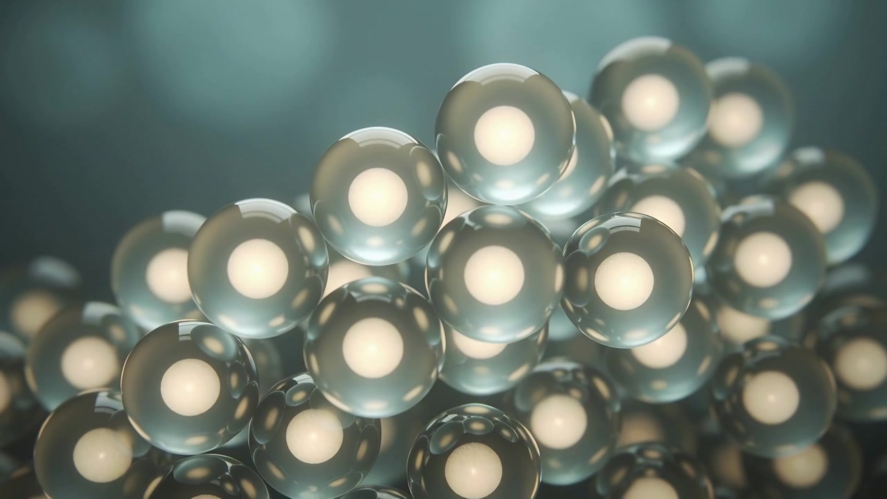 Telecamera che si allontana rivelando una piramide con sfera di vetro su uno specchio lucido per mostrare nuclei caldi, bokeh color ottanio