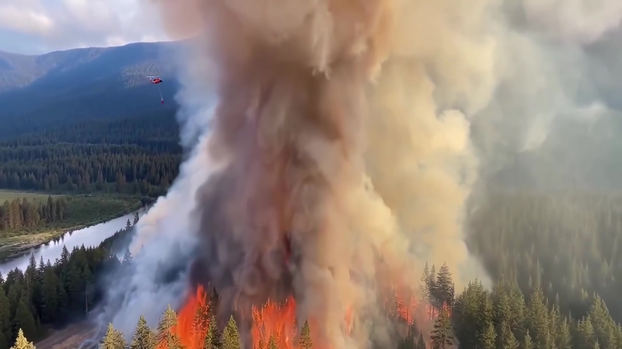 Veduta aerea di un incendio boschivo con elicottero antincendio