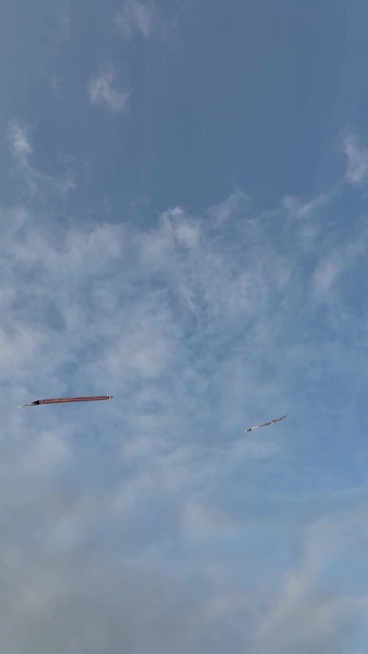 Due aquiloni che volano alti in un cielo blu nuvoloso