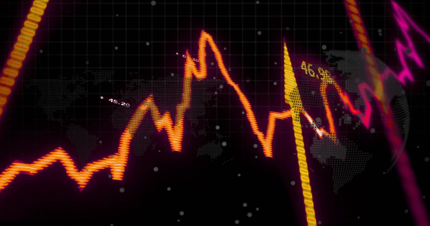 Opening dark grid over world map waveform scrolling magenta trailing bar pulsing visualizing data