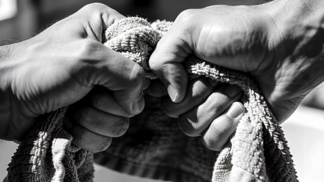 Mani adulte che afferrano e strizzano un asciugamano di spugna al lavello della cucina dopo che l'asciugamano si è bagnato per espellere l'umidità