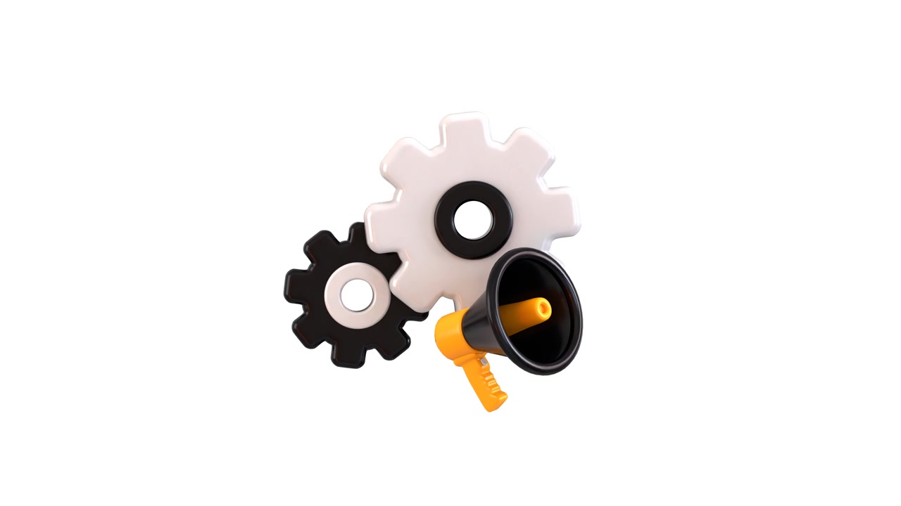 3D Animation of Megaphone and Gears Rotating on White Background