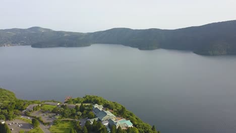 Aerial-view-of-over-lake-ashi-with-ship-panoroma