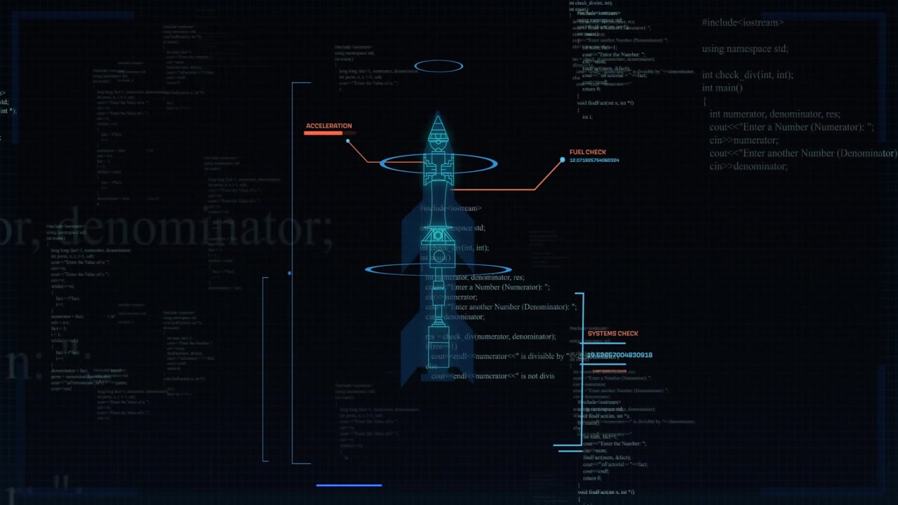 Rocket schematic forming on load rotating rings tagging acceleration fuel system for launch check