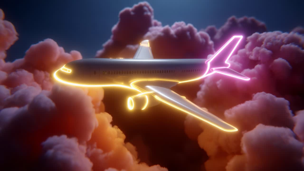 Ein markantes Bild eines neonbeleuchteten Flugzeugs, das durch eine traumhafte Landschaft aus leuchtenden Wolken fliegt und eine einzigartige Mischung aus Luftfahrttechnologie und fantasievoller Kunstfertigkeit zeigt, festgehalten in faszinierenden Bildern.