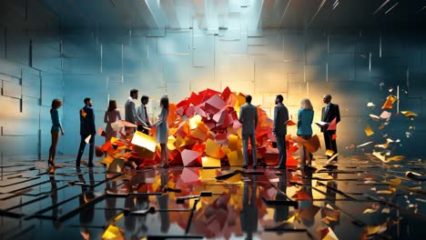 group of professionals observing dynamic abstract shapes in a modern space