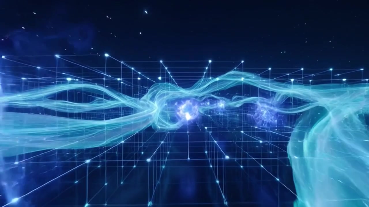 Abstract Digital Grid with Flowing Blue Energy Waves