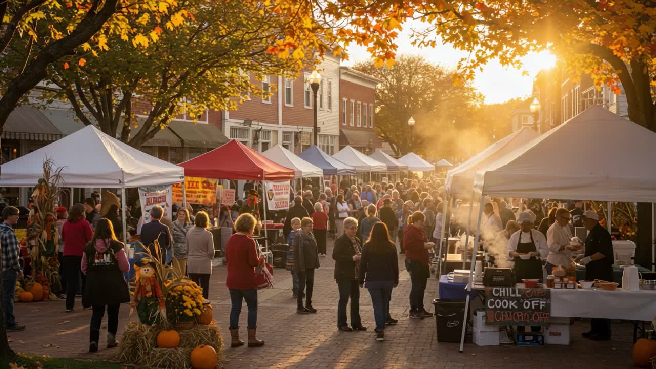 Autumn Festival at Sunset with Market Stalls and People