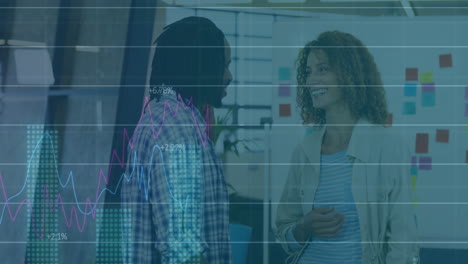 animation of financial data processing over diverse business people in office