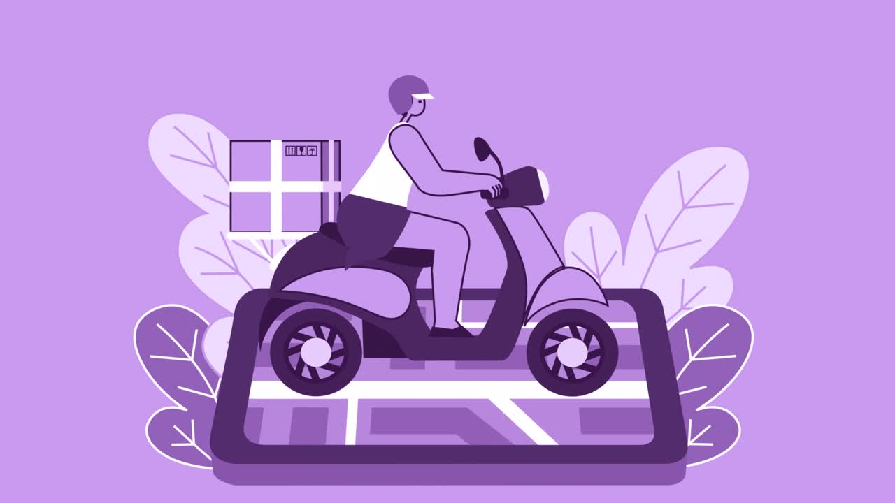 Purple Style Woman Flat Character Riding Delivery Scooter or Moped with Cardboard Box. Isolated Loop Animation with Alpha Channel