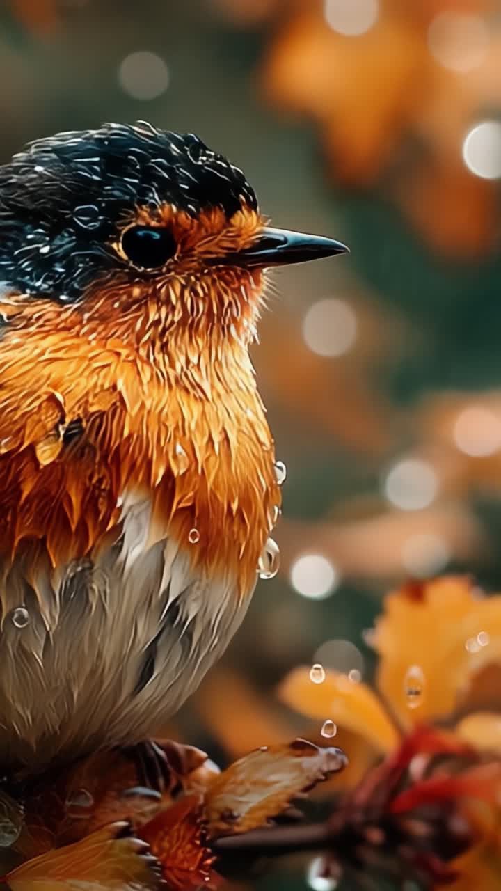 Un bellissimo primo piano di un uccello vivace coperto di gocce di pioggia, su uno sfondo autunnale colorato, che mostra le sue ricche piume e la sua espressione delicata.