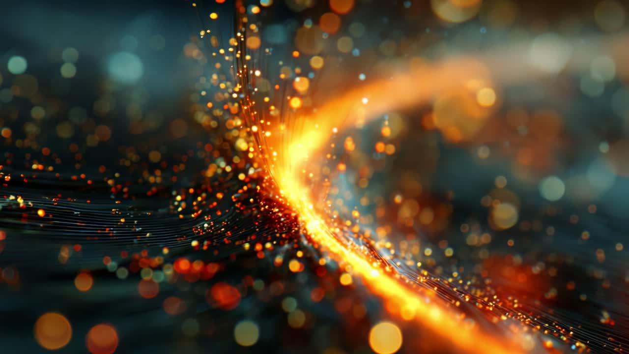 Dynamic swirl of vibrant colors and luminous particles creates a mesmerizing visual experience, showcasing a blend of fiery orange and cool blue, radiating energy and movement