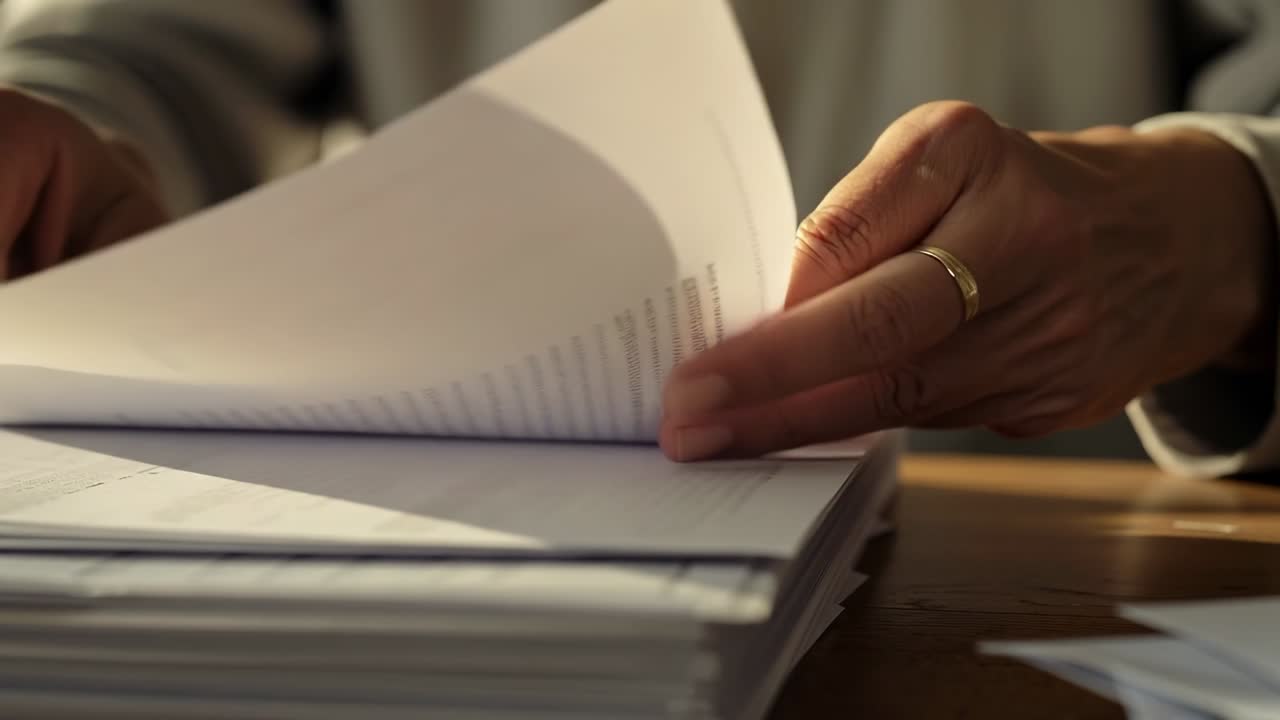 Vertical video: Resting hands in light sleeves flipping and sorting papers on desk to reorder, ring