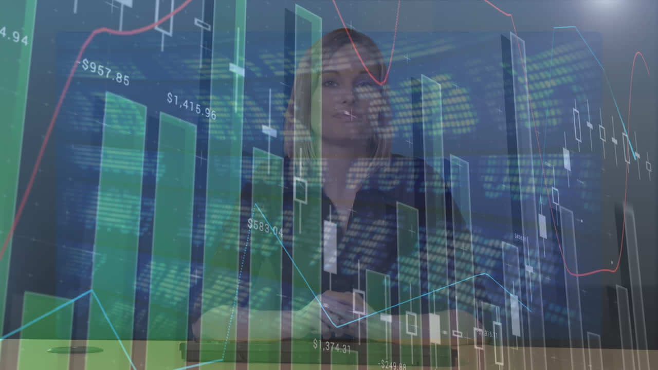animación del procesamiento de datos financieros sobre presentadora de televisión femenina