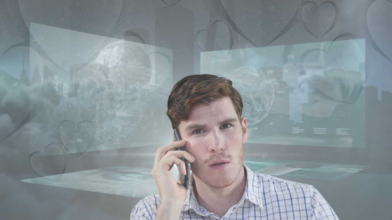 스마트 폰과 데이터 처리를 사용하는 사업가의 애니메이션