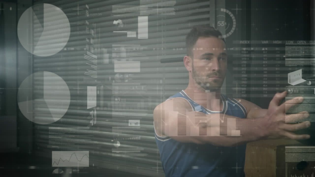 animación del procesamiento de datos y estadísticas sobre el ejercicio de hombres fuertes